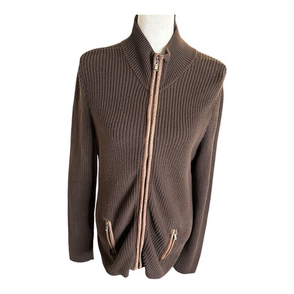 Vintage‎ Lauren Active Ralph Lauren Womens Large Brown Knit Jacket Leather Trim - Picture 1 of 12